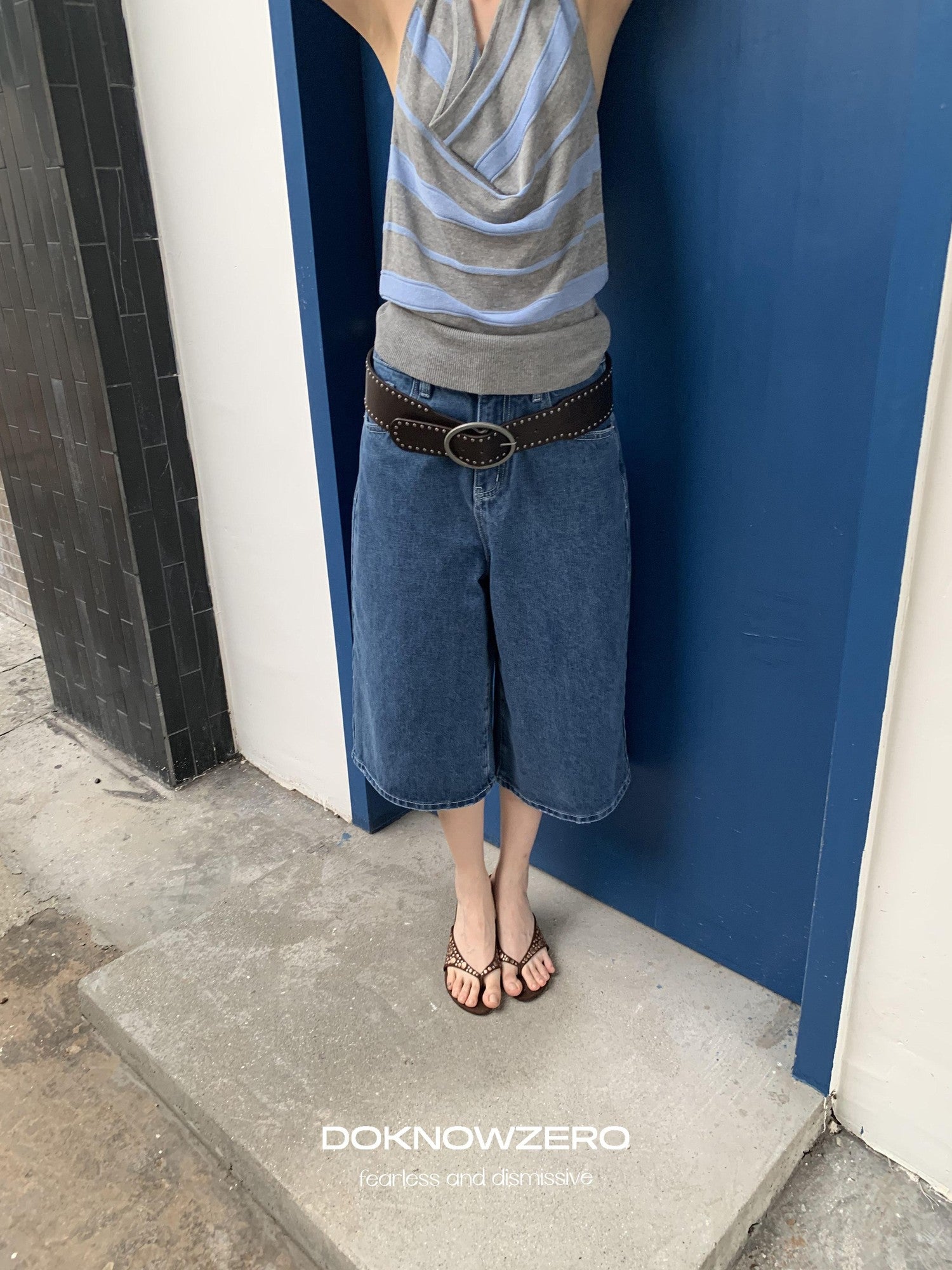 DKZ OFFICIAL Blue Mid Stretch Button Fly Wide Leg Women&