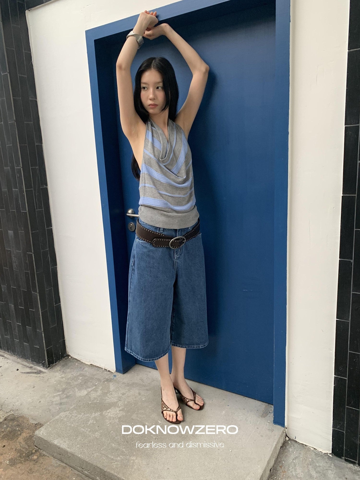 DKZ OFFICIAL Blue Mid Stretch Button Fly Wide Leg Women&