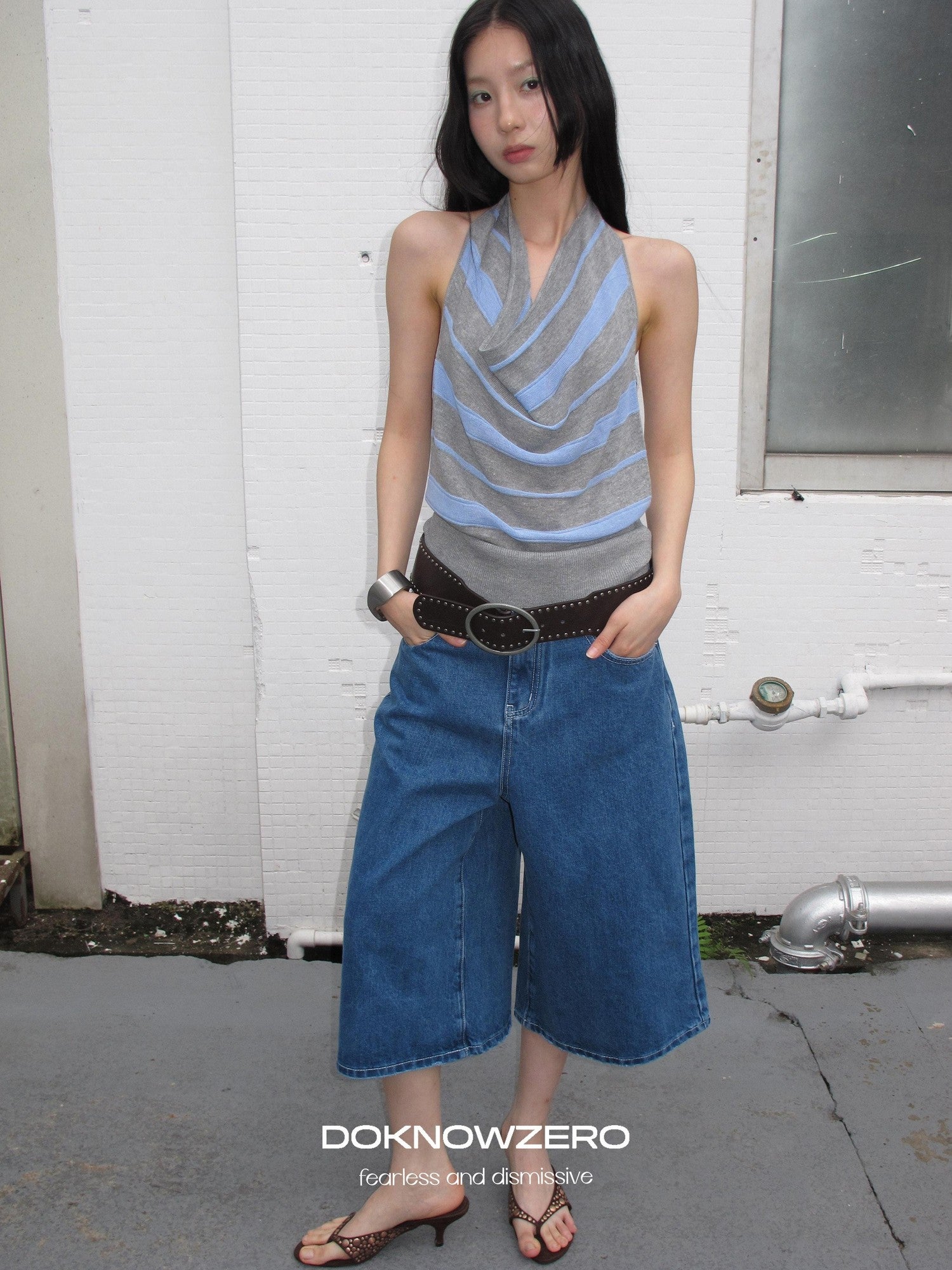 DKZ OFFICIAL Blue Mid Stretch Button Fly Wide Leg Women&