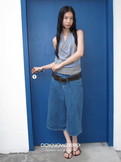DKZ OFFICIAL Blue Mid Stretch Button Fly Wide Leg Women&