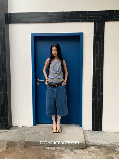DKZ OFFICIAL Blue Mid Stretch Button Fly Wide Leg Women&