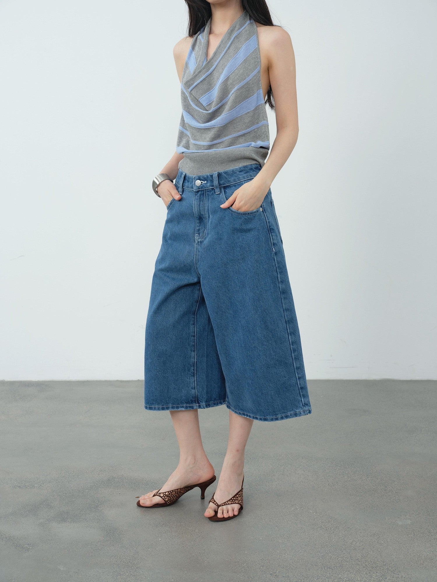DKZ OFFICIAL Blue Mid Stretch Button Fly Wide Leg Women&