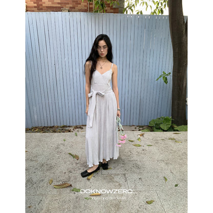 DKZ_OFFICIAL_Blue_Pleated_Texture_Waist_Tie_V-neck_Women&