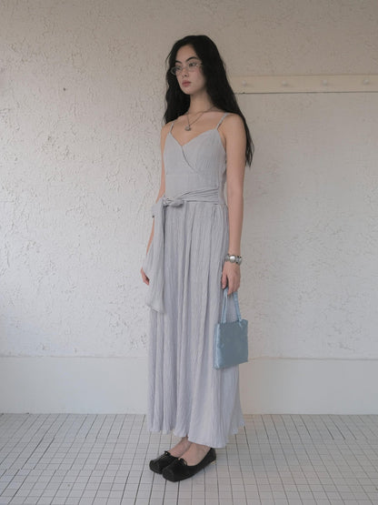 DKZ OFFICIAL Blue Pleated Texture Waist Tie V-neck Women&