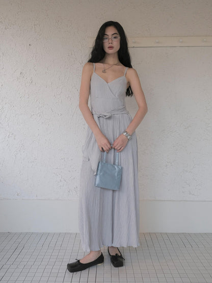 DKZ OFFICIAL Blue Pleated Texture Waist Tie V-neck Women&