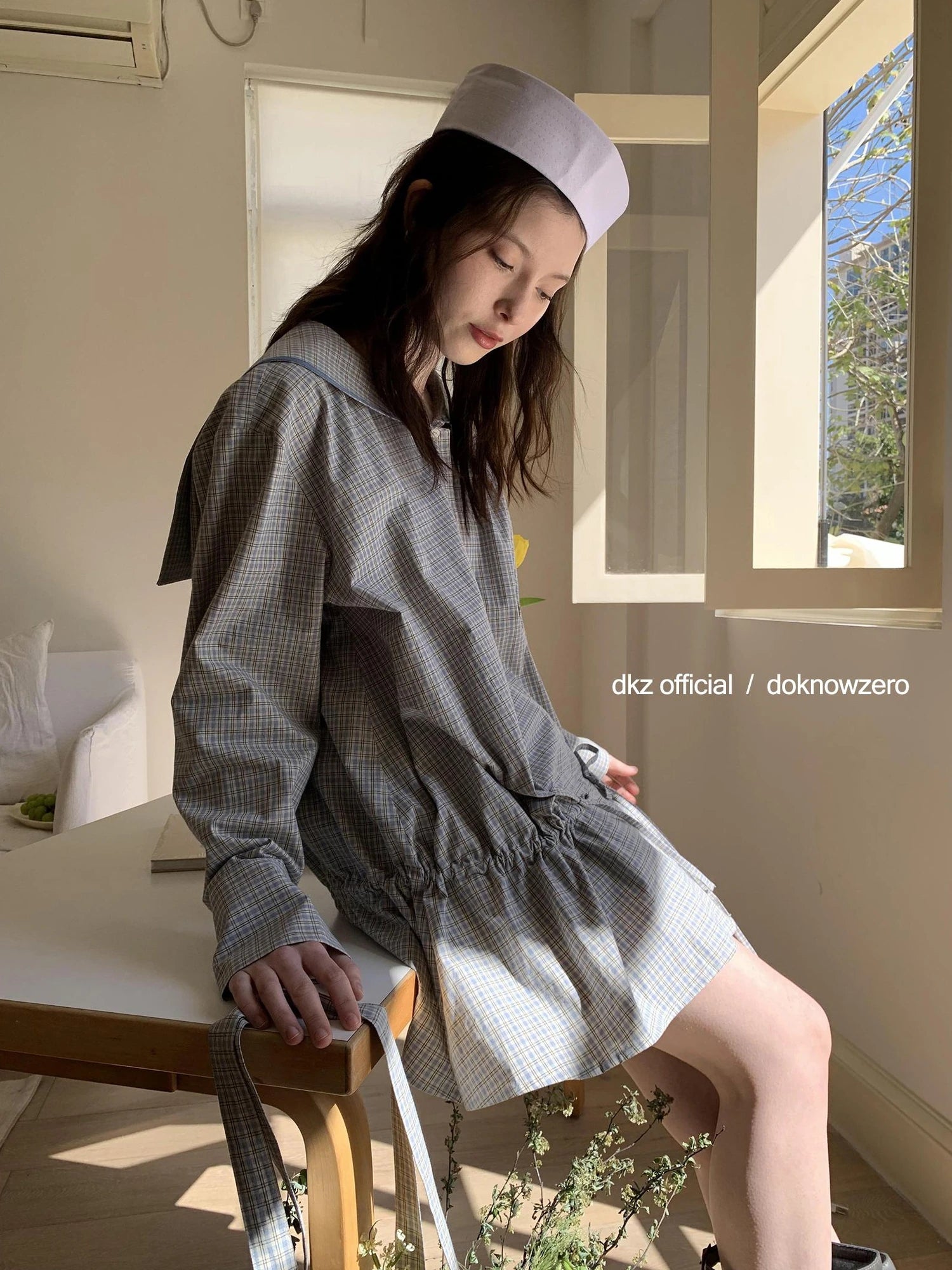 DKZ OFFICIAL Blue Retro Check Sailor Collar Drawstring Shirt