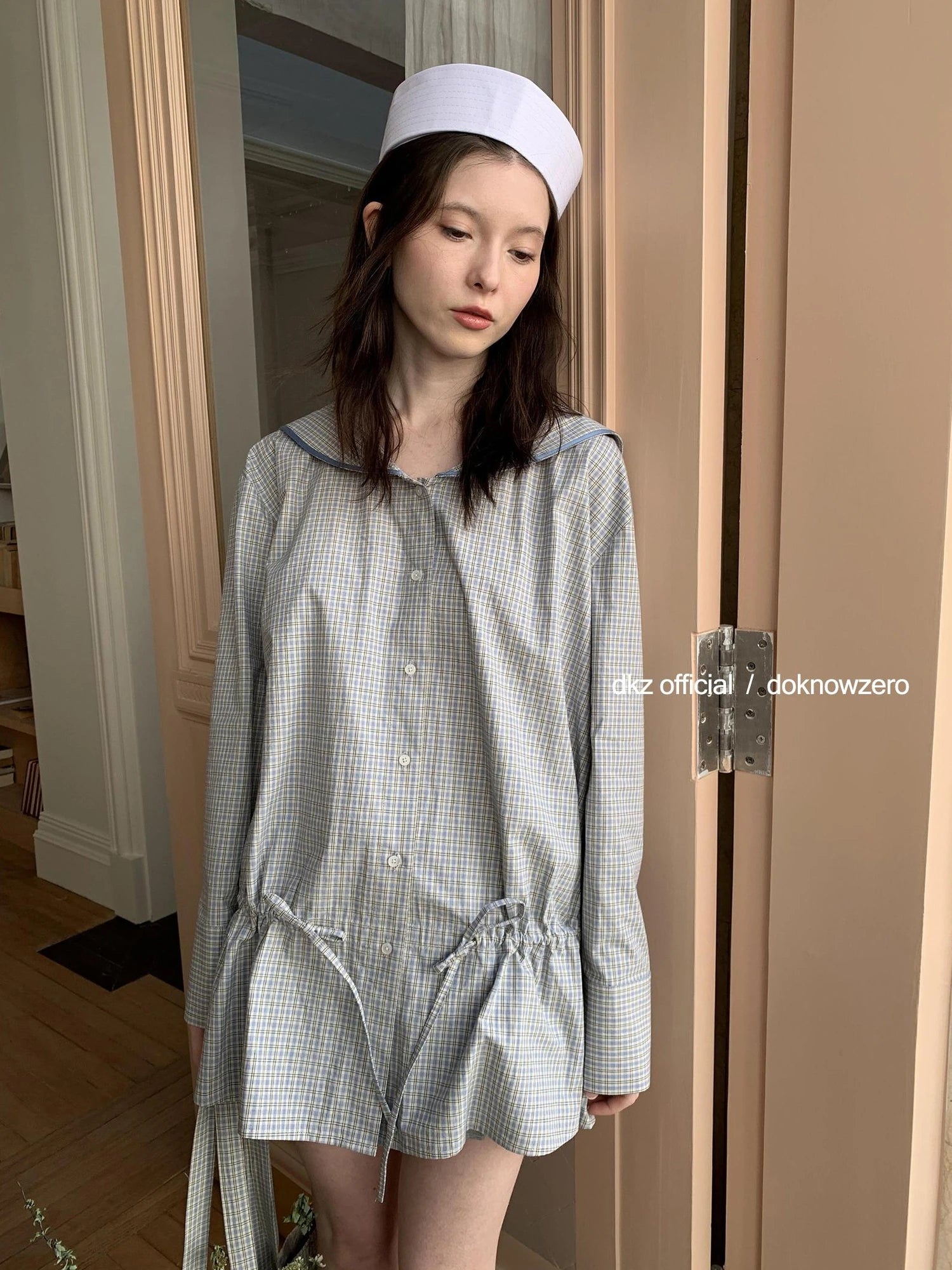 DKZ OFFICIAL Blue Retro Check Sailor Collar Drawstring Shirt