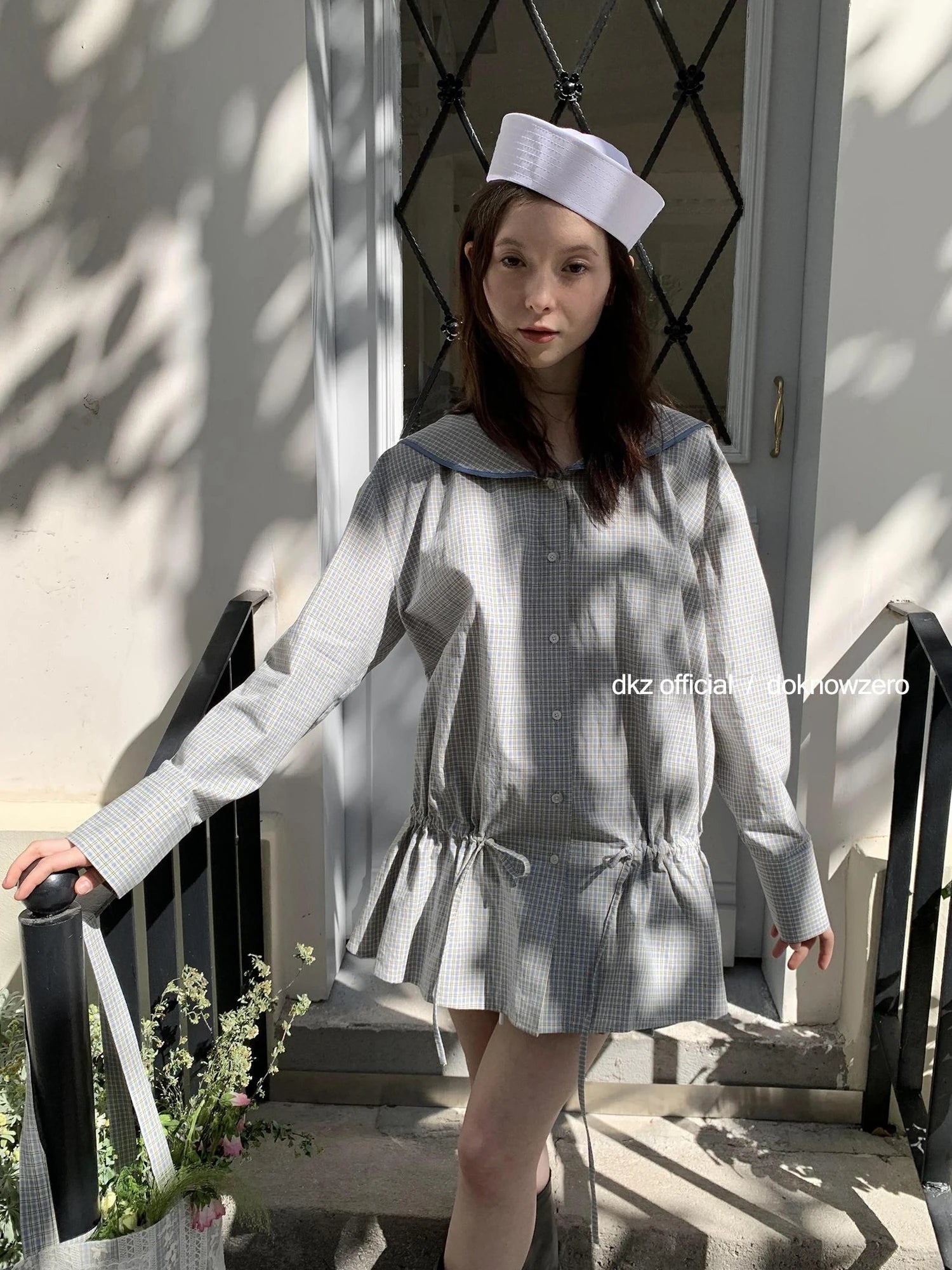 DKZ OFFICIAL Blue Retro Check Sailor Collar Drawstring Shirt