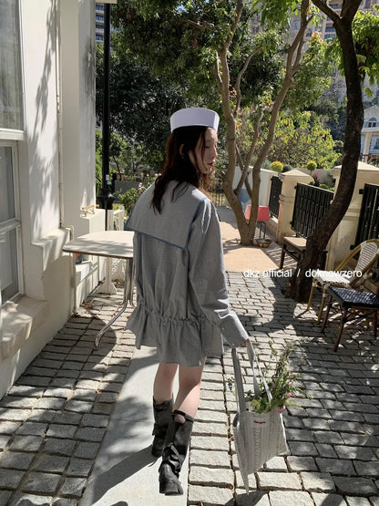 DKZ OFFICIAL Blue Retro Check Sailor Collar Drawstring Shirt
