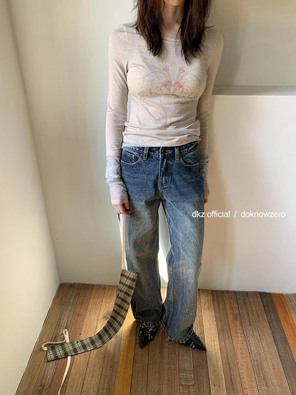 DKZ OFFICIAL Blue Two Way Detachable Belt Straight Leg Jeans