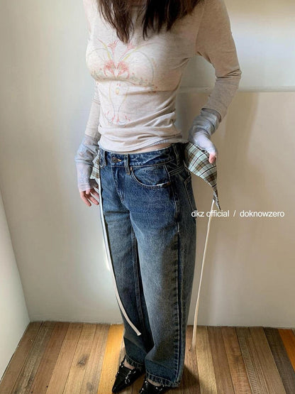 DKZ OFFICIAL Blue Two Way Detachable Belt Straight Leg Jeans