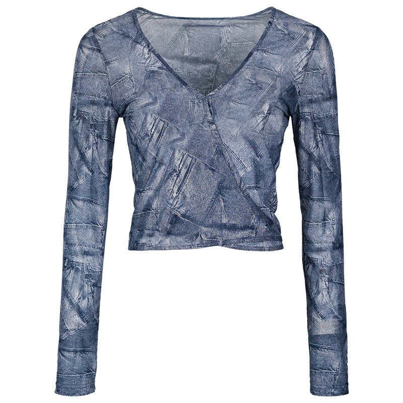 DKZ_OFFICIAL_Blue_V-neck_Mesh_Tie_Dye_Long_Sleeve_Slim_Women&