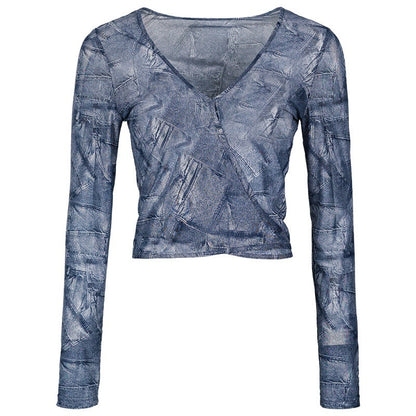 DKZ_OFFICIAL_Blue_V-neck_Mesh_Tie_Dye_Long_Sleeve_Slim_Women&