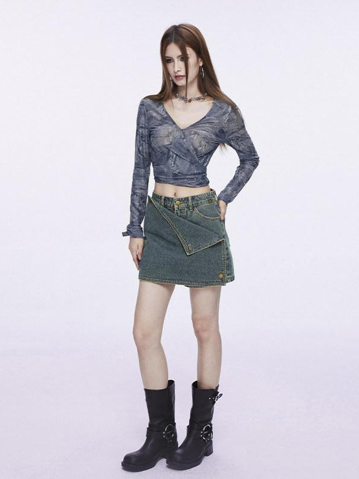 DKZ OFFICIAL Blue V-neck Mesh Tie Dye Long Sleeve Slim Women&