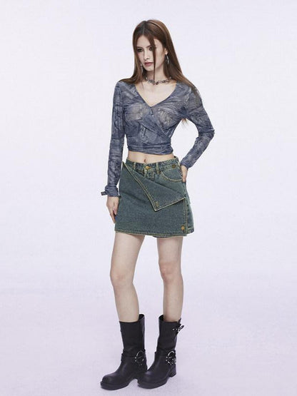 DKZ OFFICIAL Blue V-neck Mesh Tie Dye Long Sleeve Slim Women&
