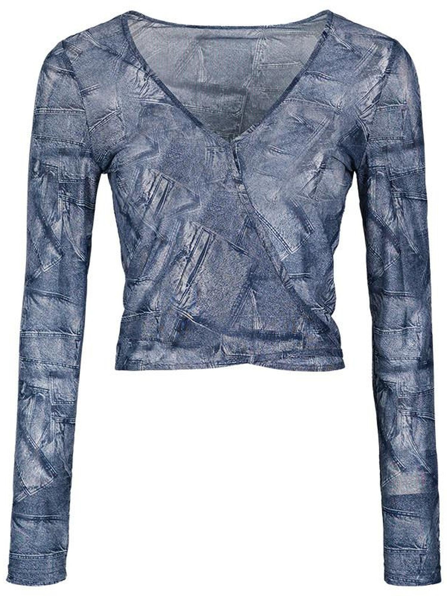 DKZ OFFICIAL Blue V-neck Mesh Tie Dye Long Sleeve Slim Women&