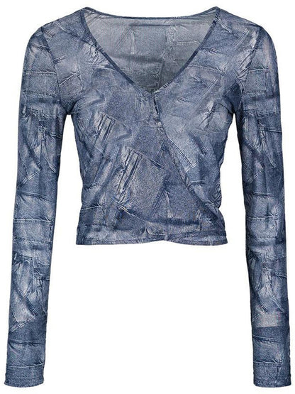 DKZ OFFICIAL Blue V-neck Mesh Tie Dye Long Sleeve Slim Women&
