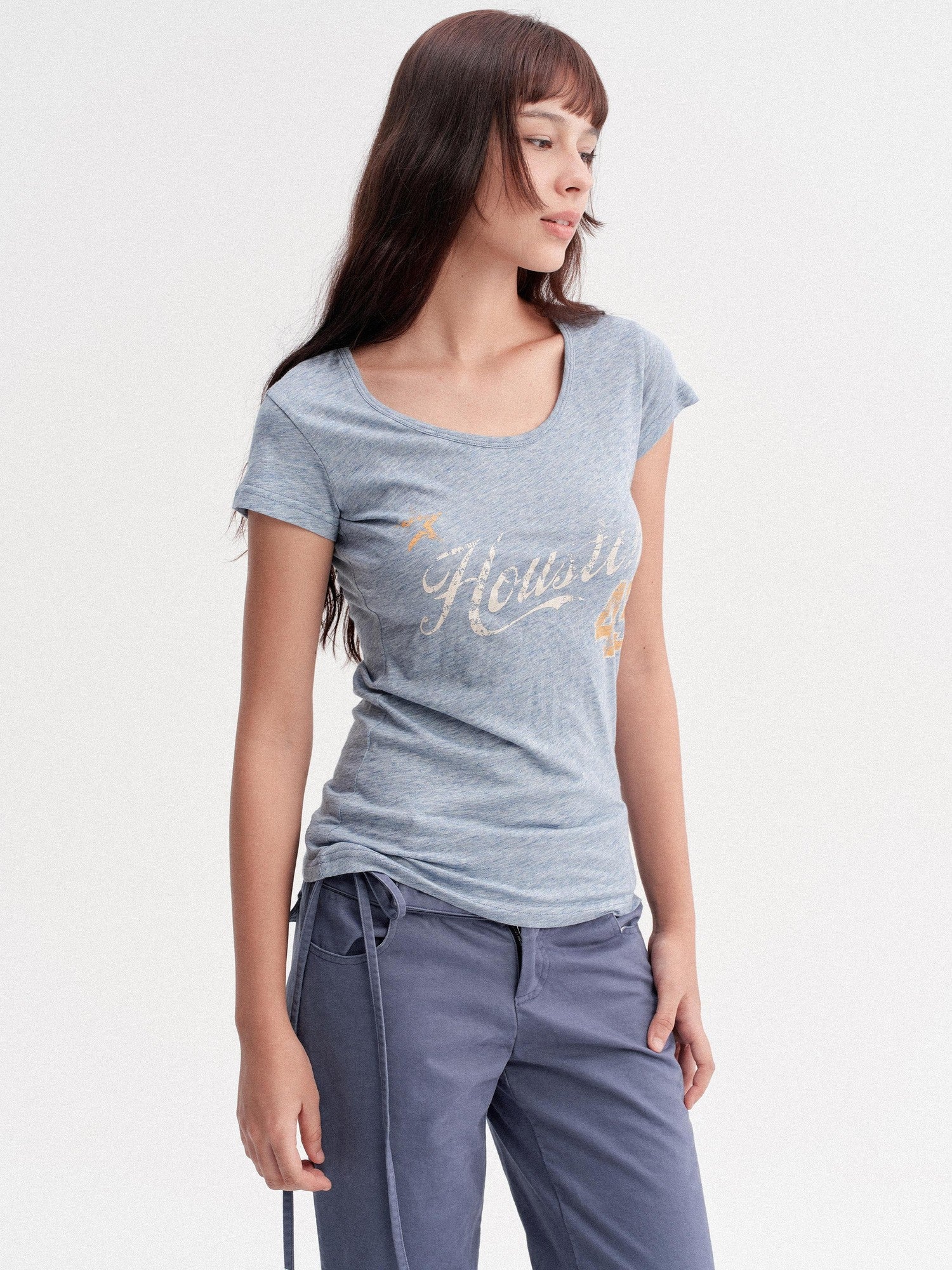 DKZ OFFICIAL Blue Vintage Number Print U Neck Straight Fit Women&