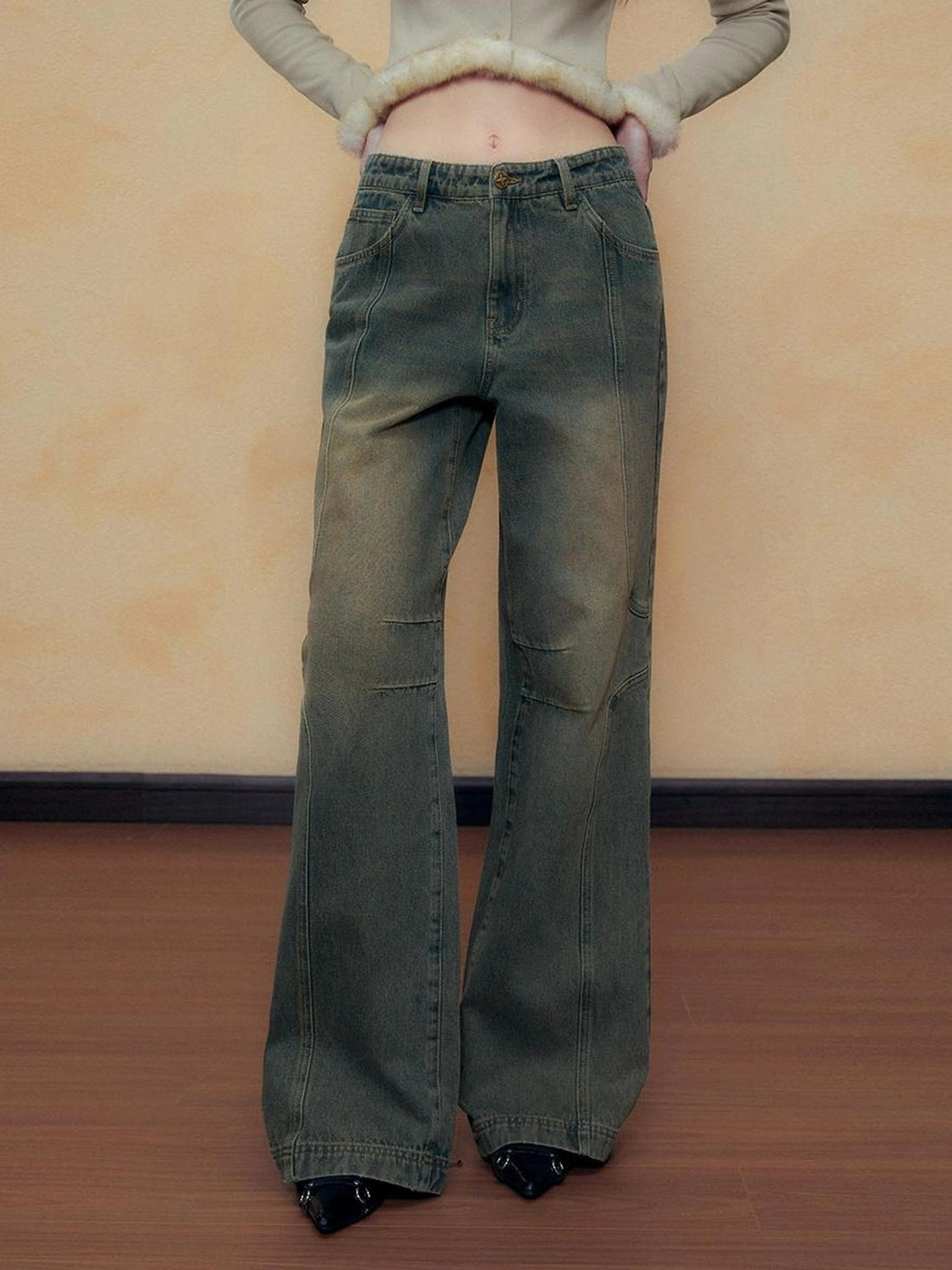 DKZ OFFICIAL Blue Vintage Washed Wide Leg Jeans for Women Autumn Winter