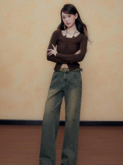 DKZ OFFICIAL Blue Vintage Washed Wide Leg Jeans for Women Autumn Winter