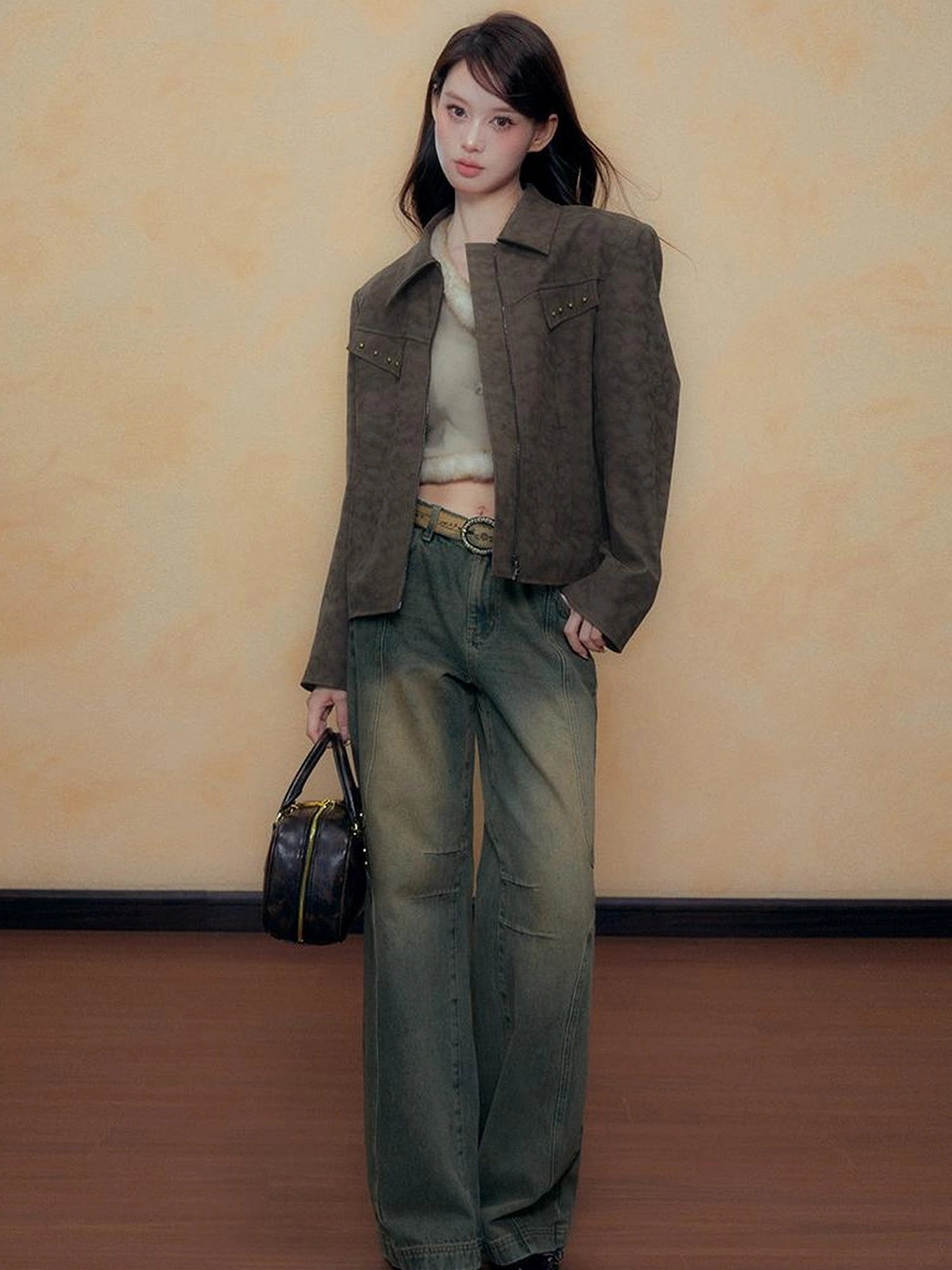 DKZ OFFICIAL Blue Vintage Washed Wide Leg Jeans for Women Autumn Winter