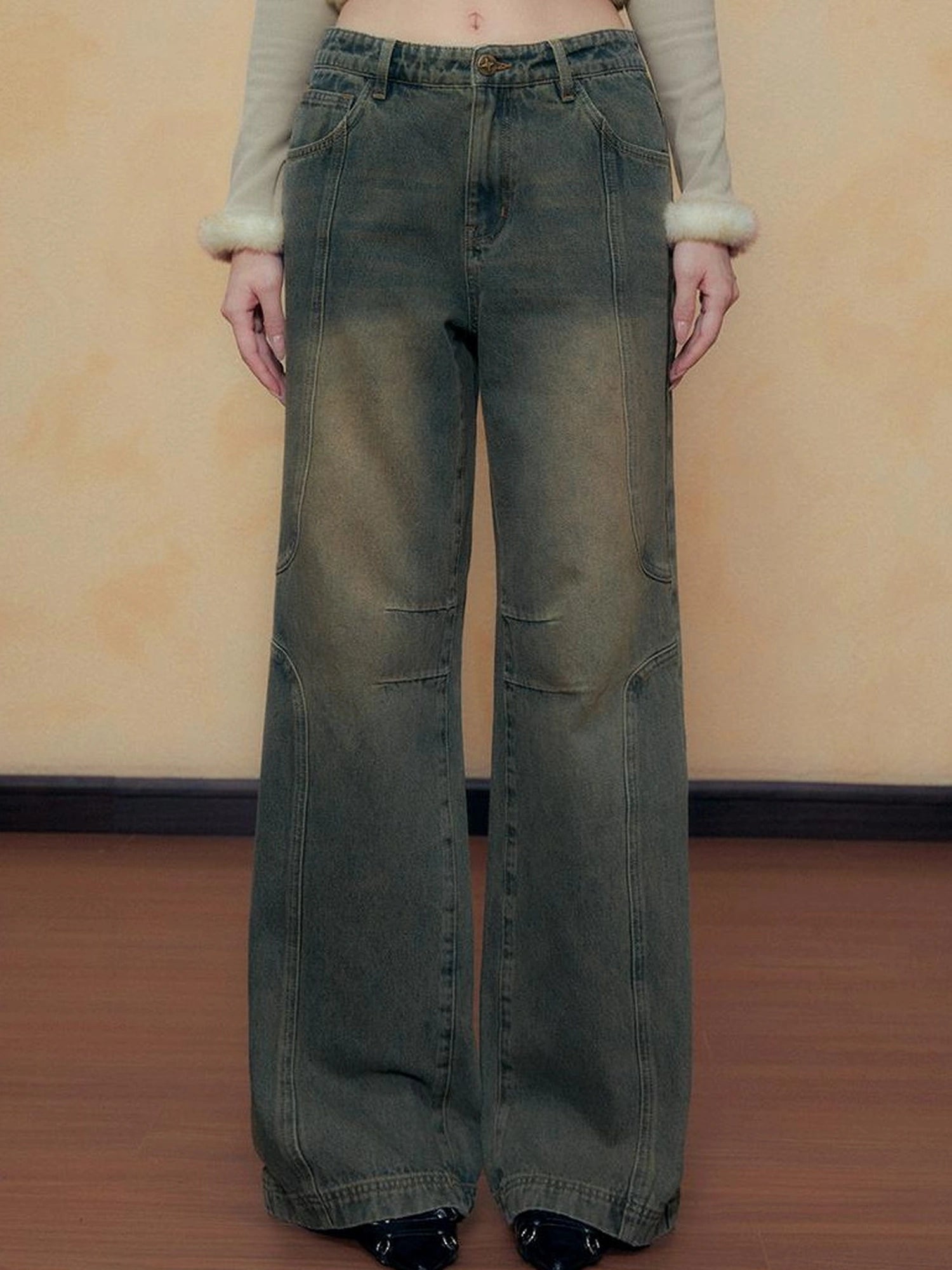 DKZ OFFICIAL Blue Vintage Washed Wide Leg Jeans for Women Autumn Winter
