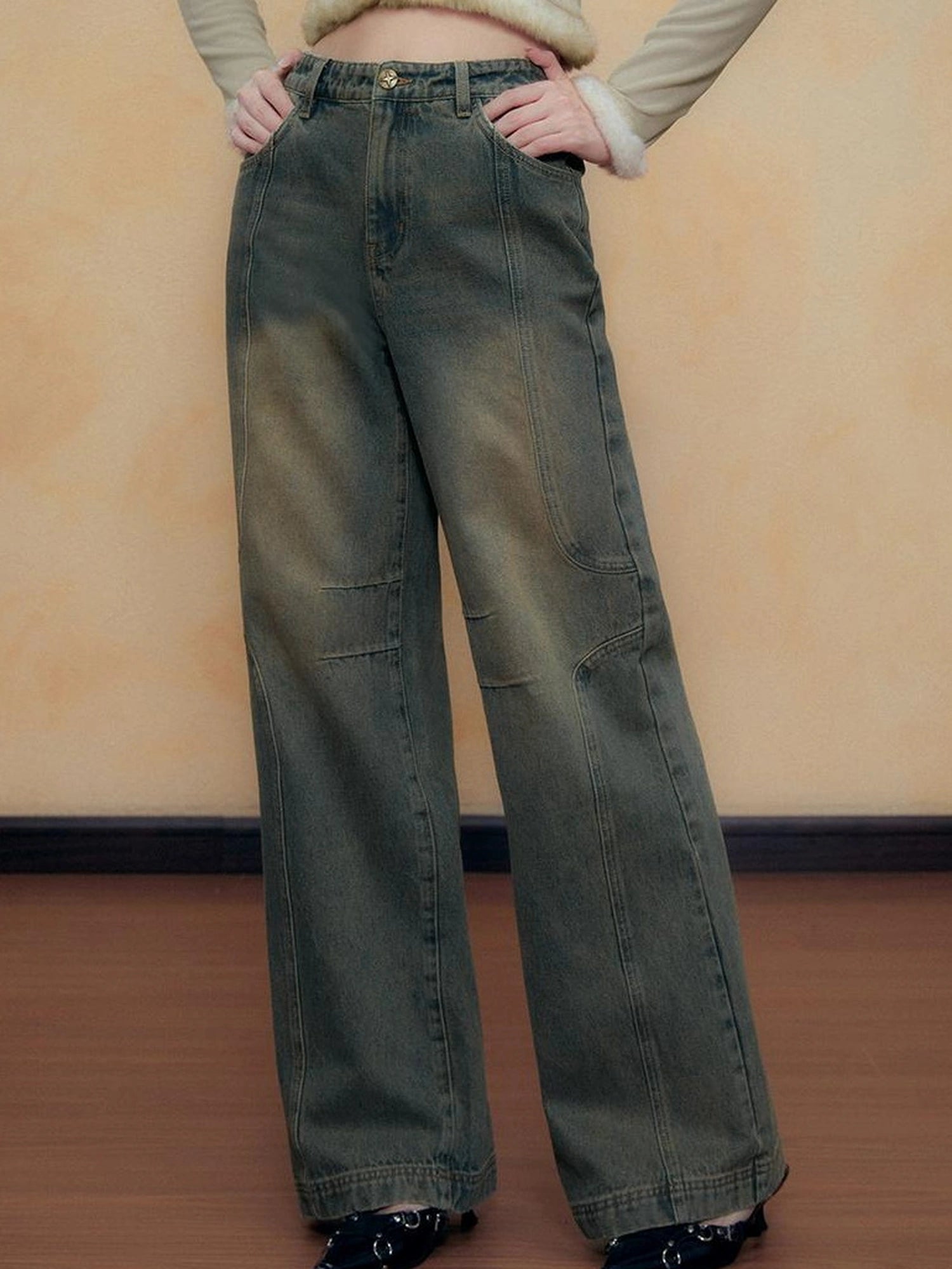 DKZ OFFICIAL Blue Vintage Washed Wide Leg Jeans for Women Autumn Winter
