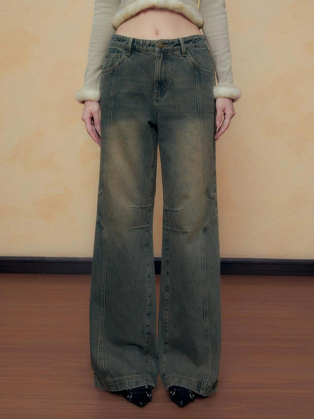 DKZ OFFICIAL Blue Vintage Washed Wide Leg Jeans for Women Autumn Winter