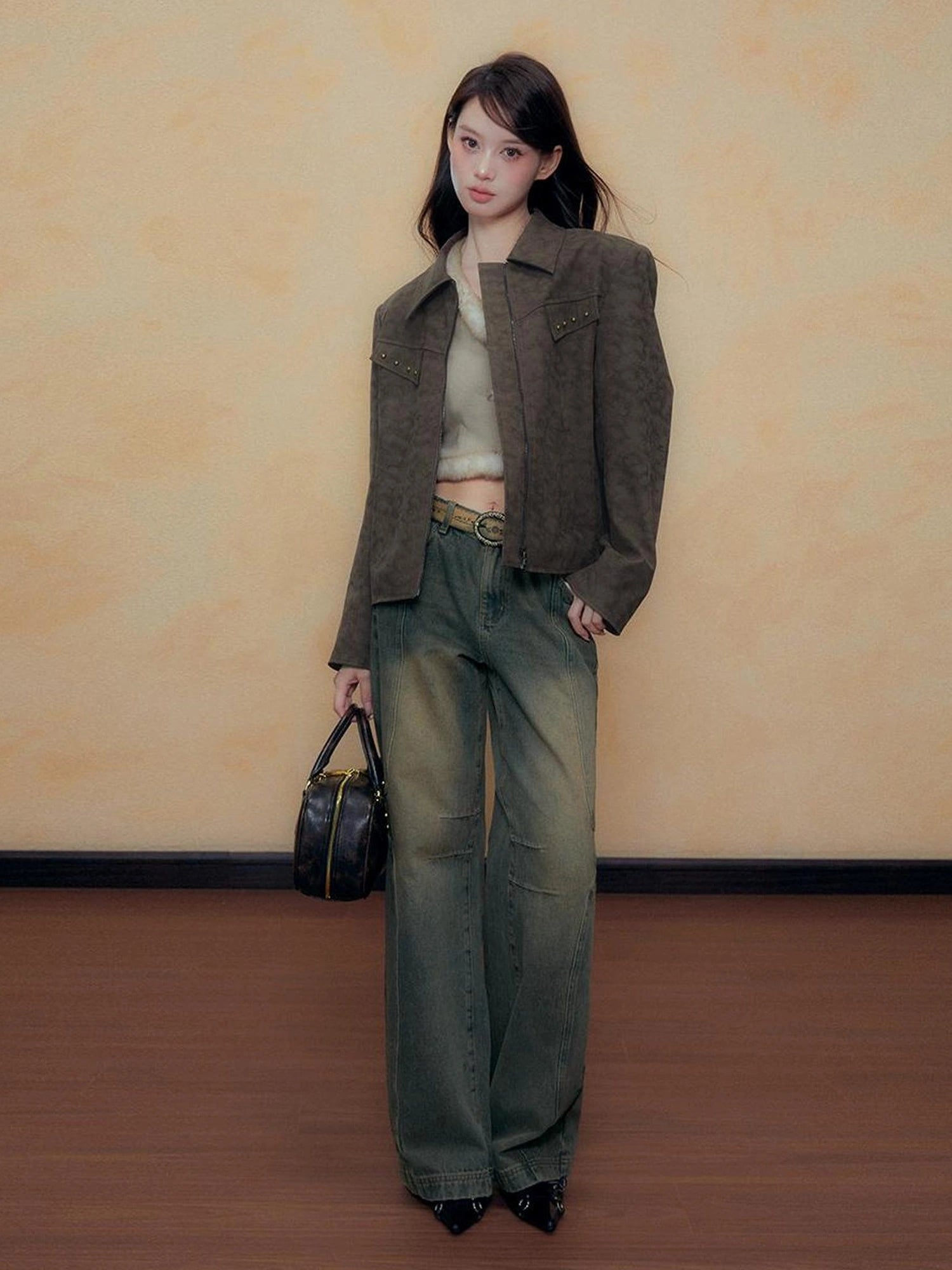 DKZ OFFICIAL Blue Vintage Washed Wide Leg Jeans for Women Autumn Winter