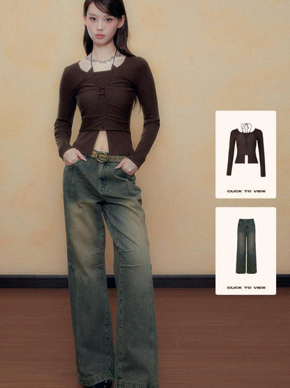 DKZ OFFICIAL Blue Vintage Washed Wide Leg Jeans for Women Autumn Winter