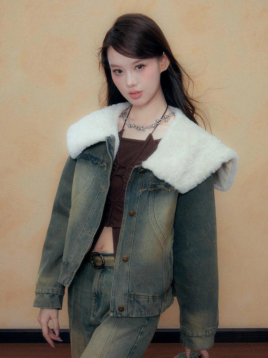 DKZ OFFICIAL Blue Washed Denim Jacket with Plush Collar