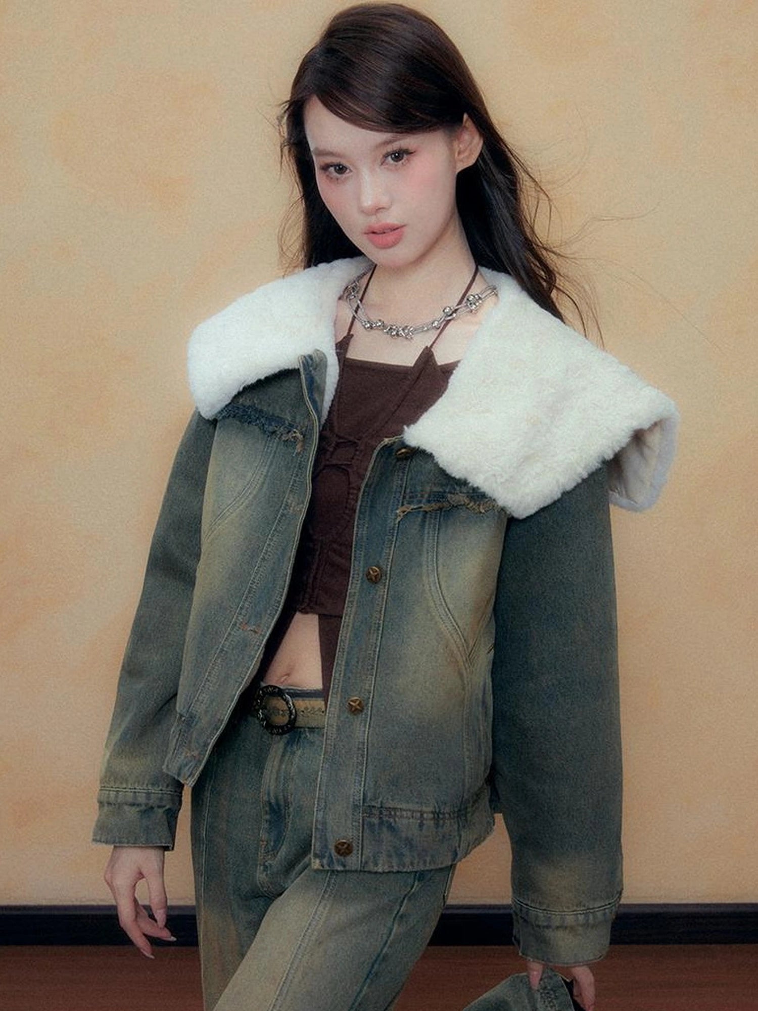 DKZ OFFICIAL Blue Washed Denim Jacket with Plush Collar