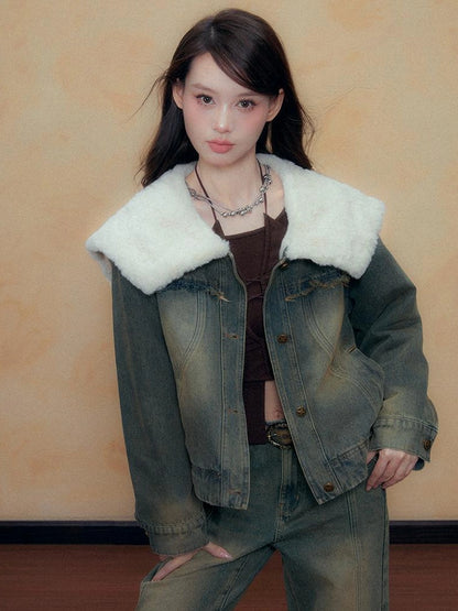 DKZ OFFICIAL Blue Washed Denim Jacket with Plush Collar