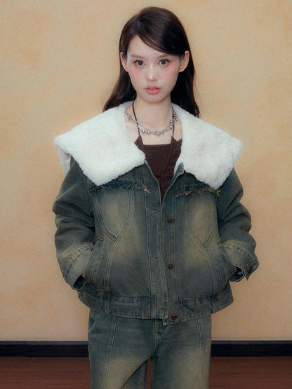 DKZ OFFICIAL Blue Washed Denim Jacket with Plush Collar