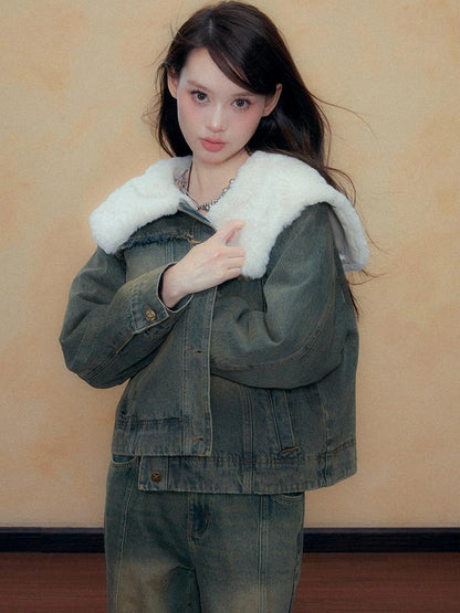 DKZ OFFICIAL Blue Washed Denim Jacket with Plush Collar
