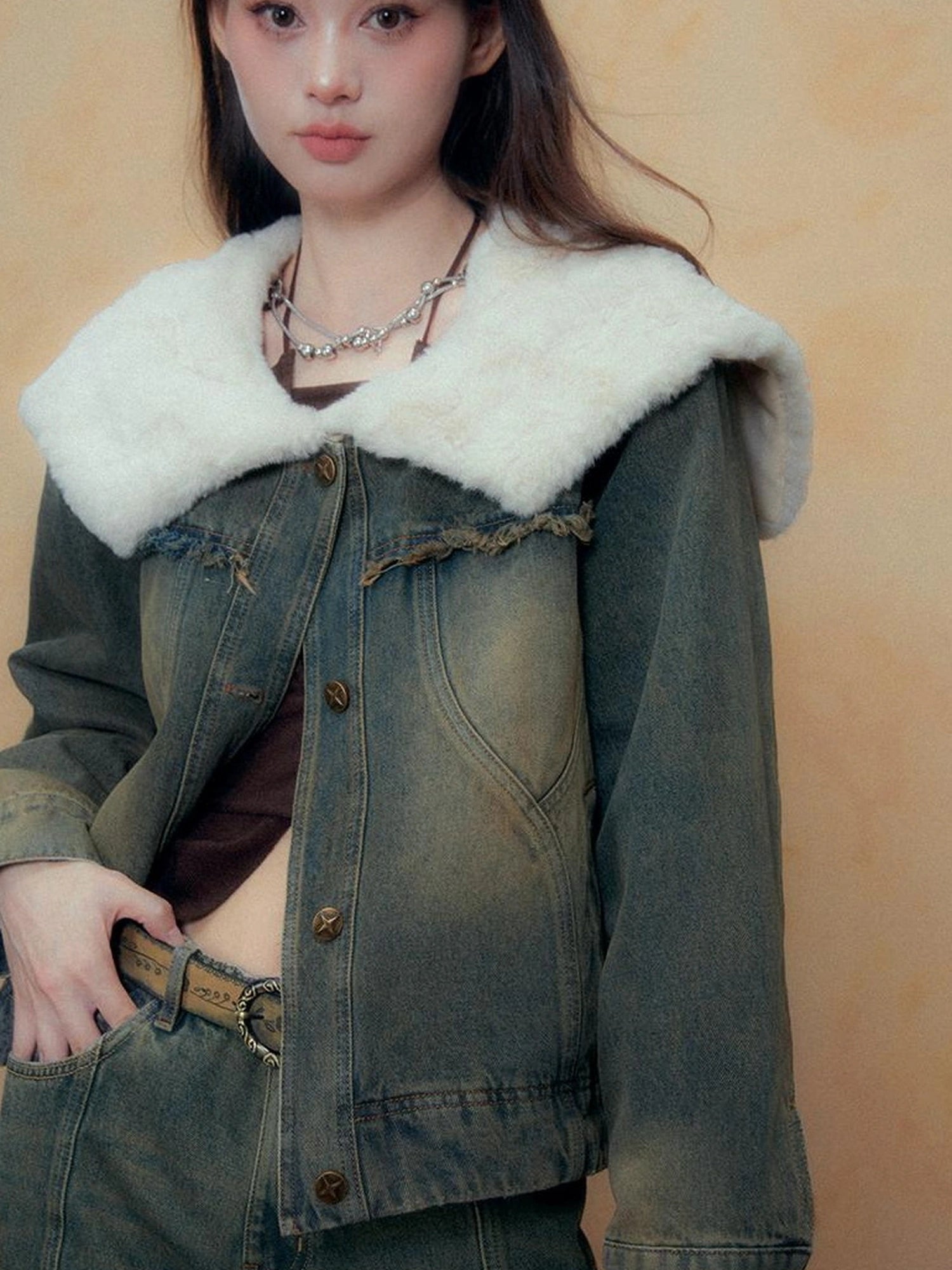 DKZ OFFICIAL Blue Washed Denim Jacket with Plush Collar