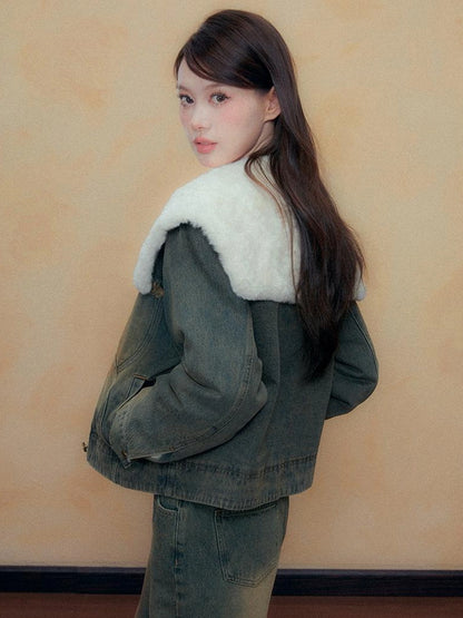 DKZ OFFICIAL Blue Washed Denim Jacket with Plush Collar