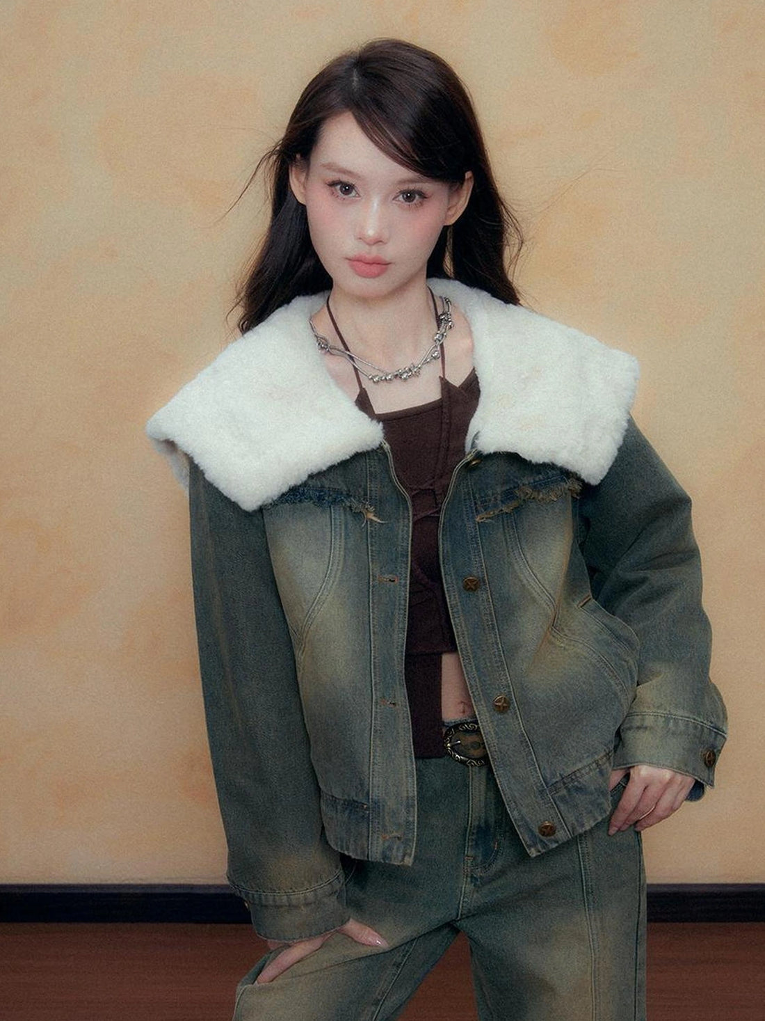 DKZ OFFICIAL Blue Washed Denim Jacket with Plush Collar