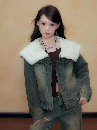 DKZ OFFICIAL Blue Washed Denim Jacket with Plush Collar