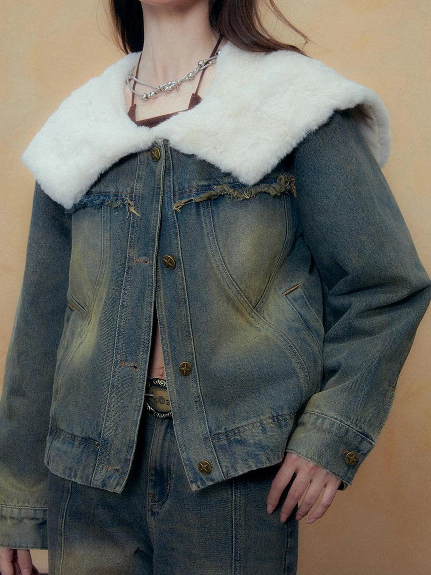 DKZ OFFICIAL Blue Washed Denim Jacket with Plush Collar