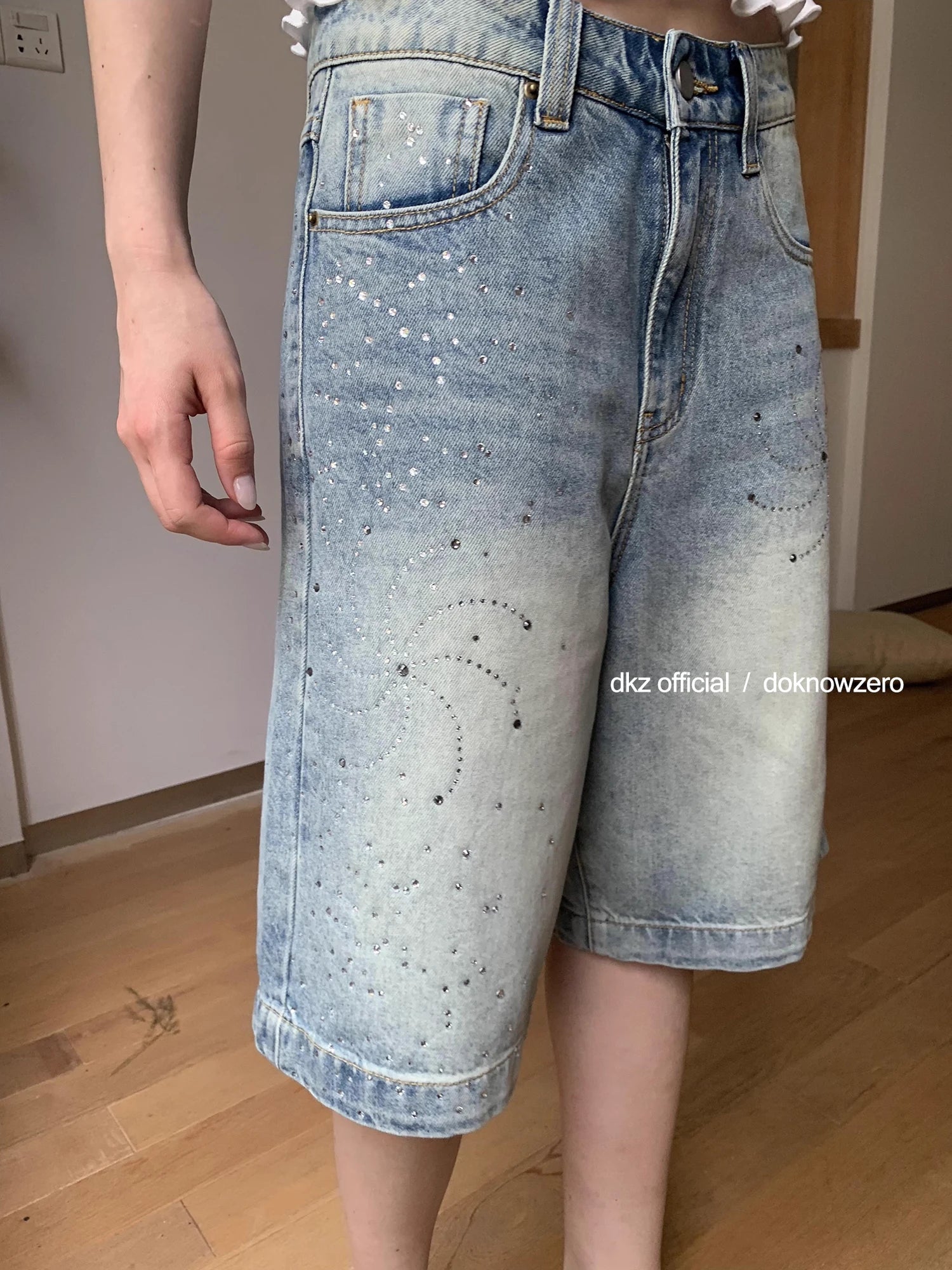 DKZ_OFFICIAL_Blue_Washed_Distressed_Denim_Wide_Leg_Mid_Length_Shorts_MISSTT
