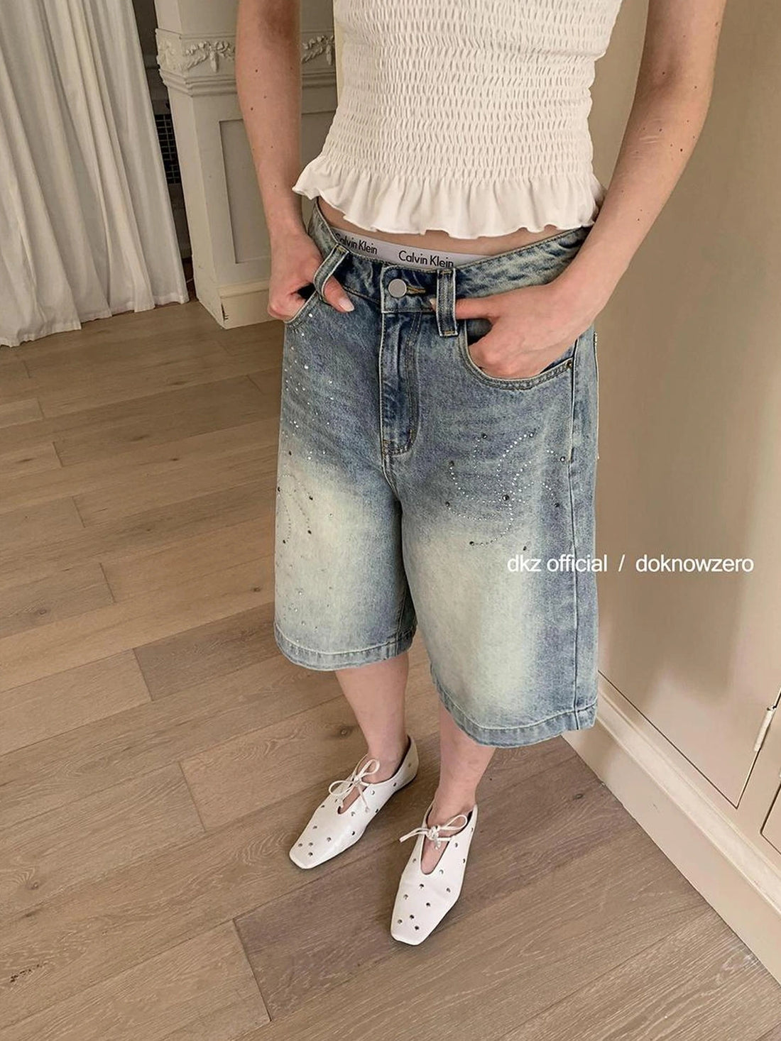 DKZ OFFICIAL Blue Washed Distressed Denim Wide Leg Mid Length Shorts