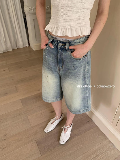 DKZ OFFICIAL Blue Washed Distressed Denim Wide Leg Mid Length Shorts