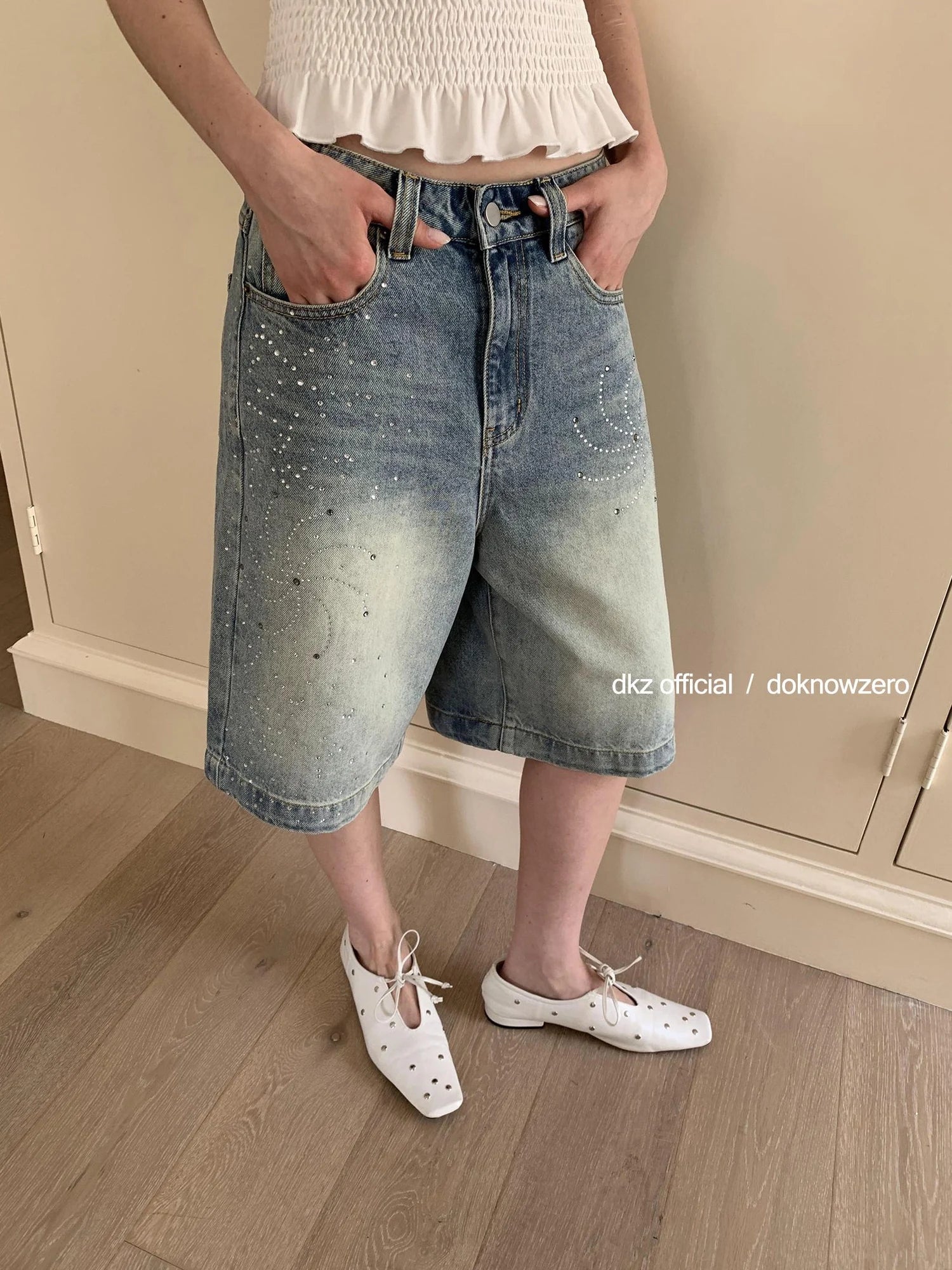 DKZ OFFICIAL Blue Washed Distressed Denim Wide Leg Mid Length Shorts
