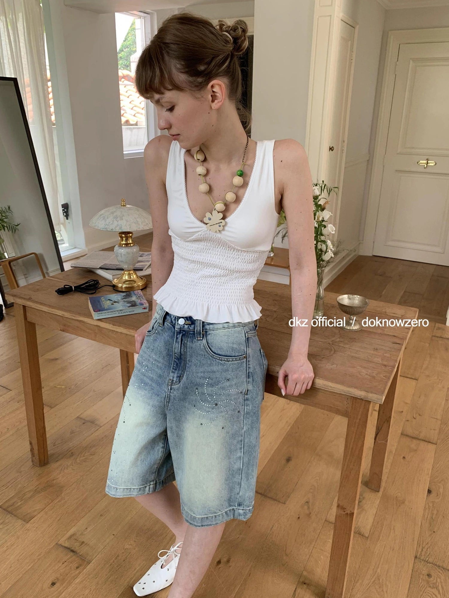 DKZ OFFICIAL Blue Washed Distressed Denim Wide Leg Mid Length Shorts