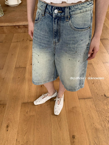 DKZ OFFICIAL Blue Washed Distressed Denim Wide Leg Mid Length Shorts