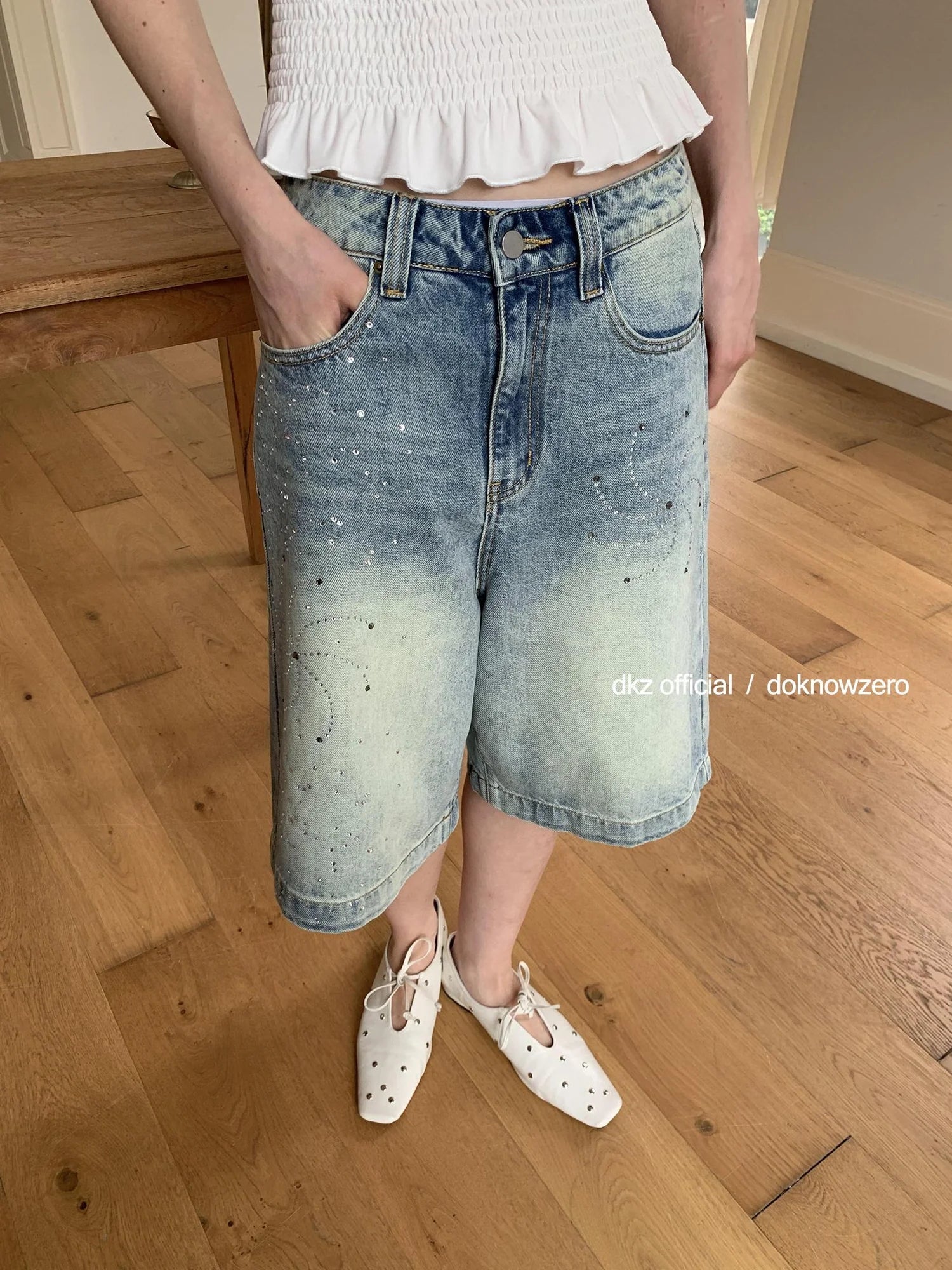 DKZ OFFICIAL Blue Washed Distressed Denim Wide Leg Mid Length Shorts