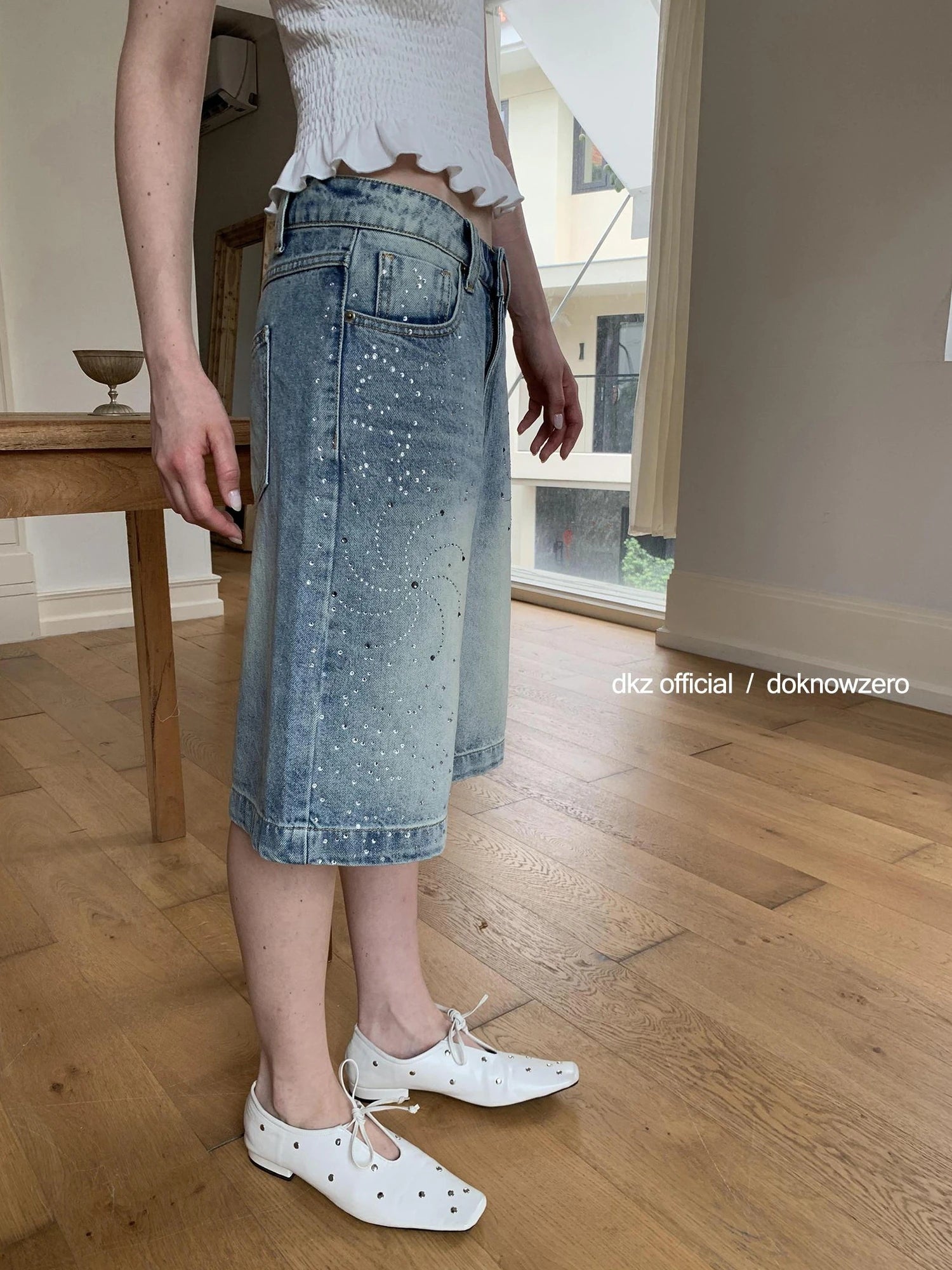 DKZ OFFICIAL Blue Washed Distressed Denim Wide Leg Mid Length Shorts