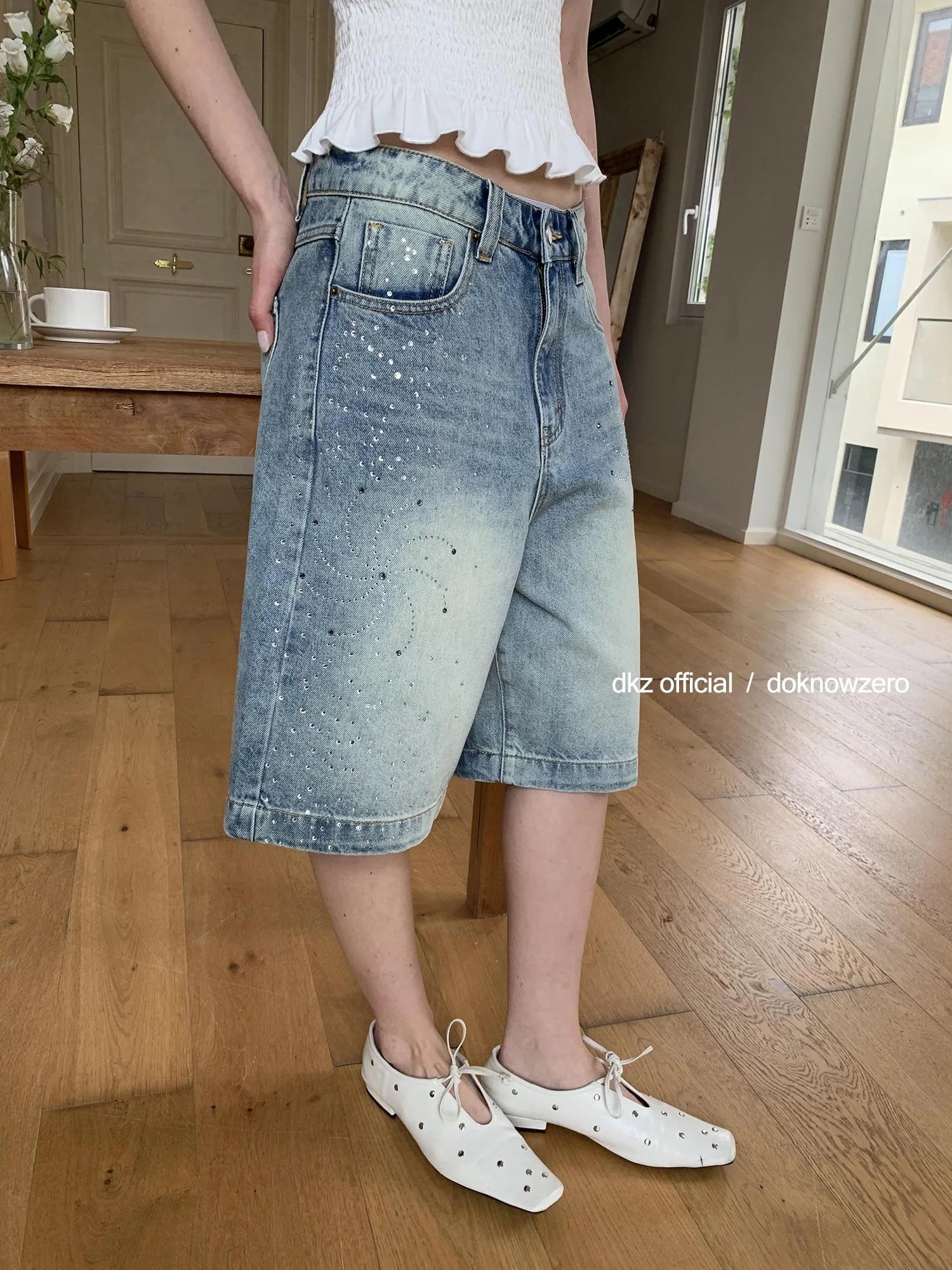 DKZ OFFICIAL Blue Washed Distressed Denim Wide Leg Mid Length Shorts