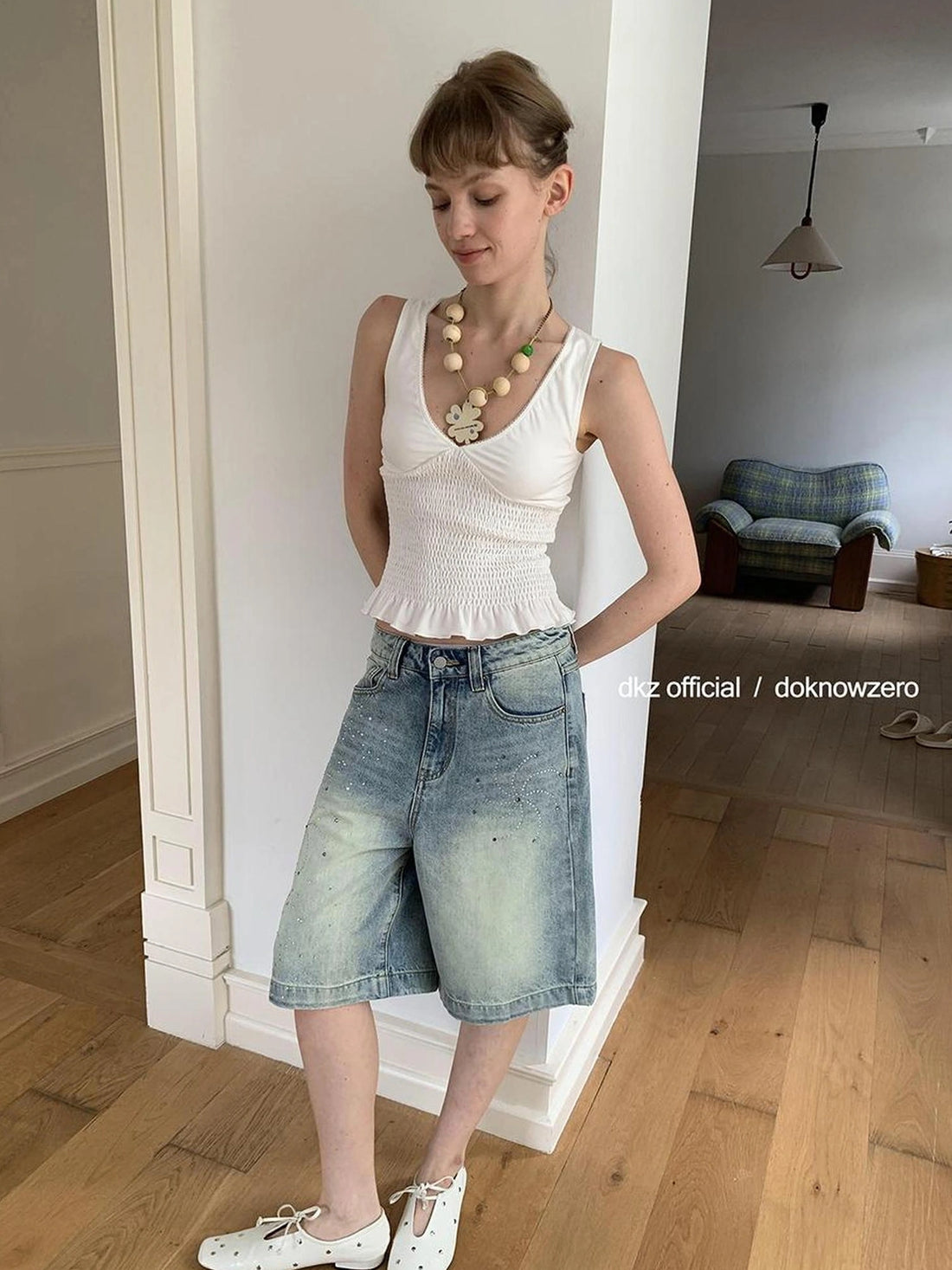 DKZ OFFICIAL Blue Washed Distressed Denim Wide Leg Mid Length Shorts